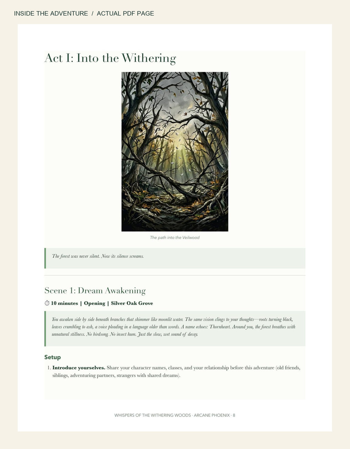 Actual page from the final Whispers of the Withering Woods PDF, showing Act I and Scene 1